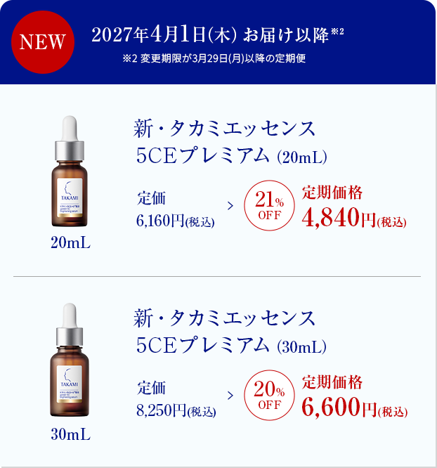 2027年4月1日(木)お届け以降 新・タカミエッセンス5CEプレミアム(20mL) 定価6,160円(税込) 定期価格21%OFF 4,840円(税込) / 新・タカミエッセンス5CEプレミアム(30mL) 定価8,250円(税込) 定期価格20%OFF 6,600円(税込)